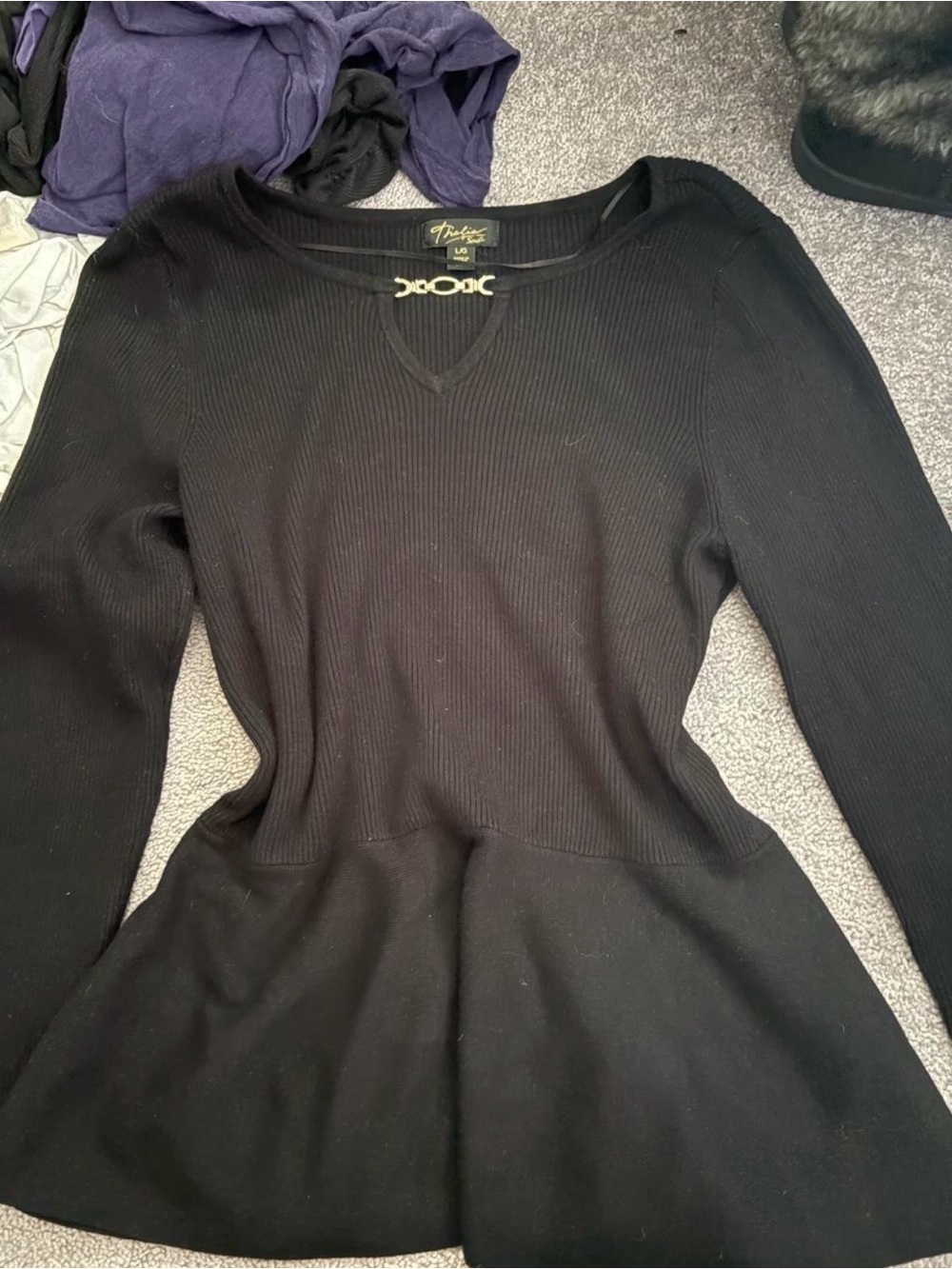 Thalia Sodi Black Ribbed Peplum V-Neck Sweater